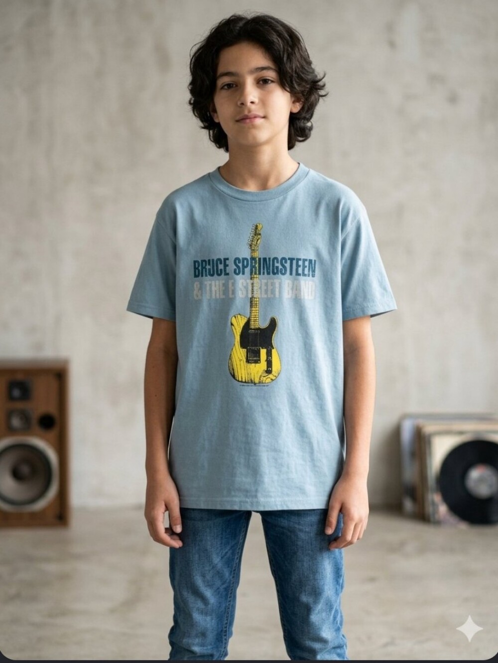 Bruce Springsteen Graphic Tee for Kids - Light Blue with Yellow Guitar. Youth Xl